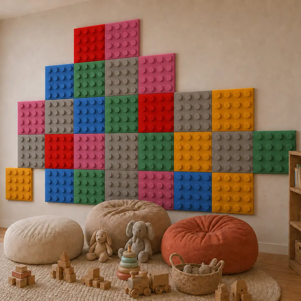 Multicoloured velour-covered foam wall panels arranged like building blocks above toys and soft seating in a children’s room