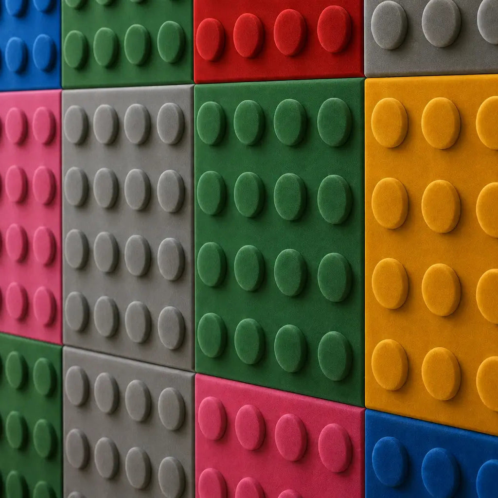 Close-up of colourful polyurethane foam wall panels showing the soft velour texture and sixteen raised circular studs on each panel