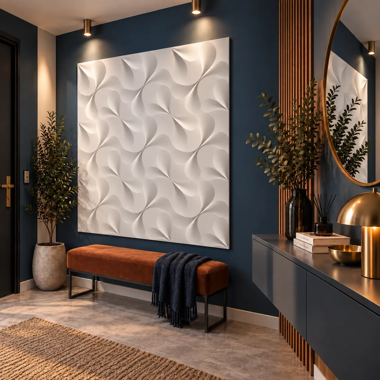 Spades gypsum 3D wall panels 50 x 50 cm installed in a modern navy hallway with warm wood and brass accents