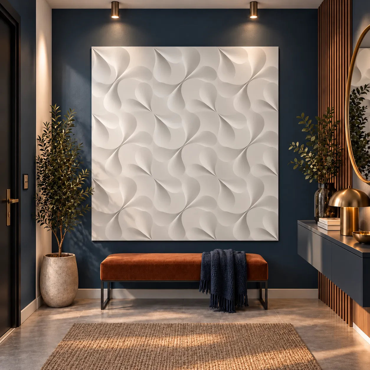 Spades gypsum 3D wall panels 50 x 50 cm displayed on a navy feature wall in a stylish modern entrance hall