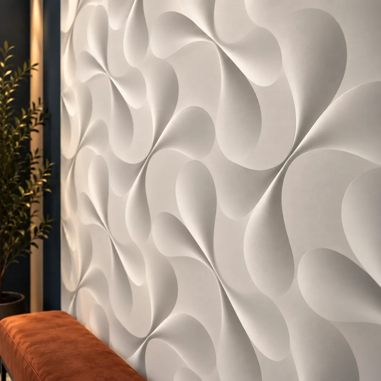 Close up of Tree gypsum 3D wall panels showing the flowing relief pattern and detailed gypsum texture