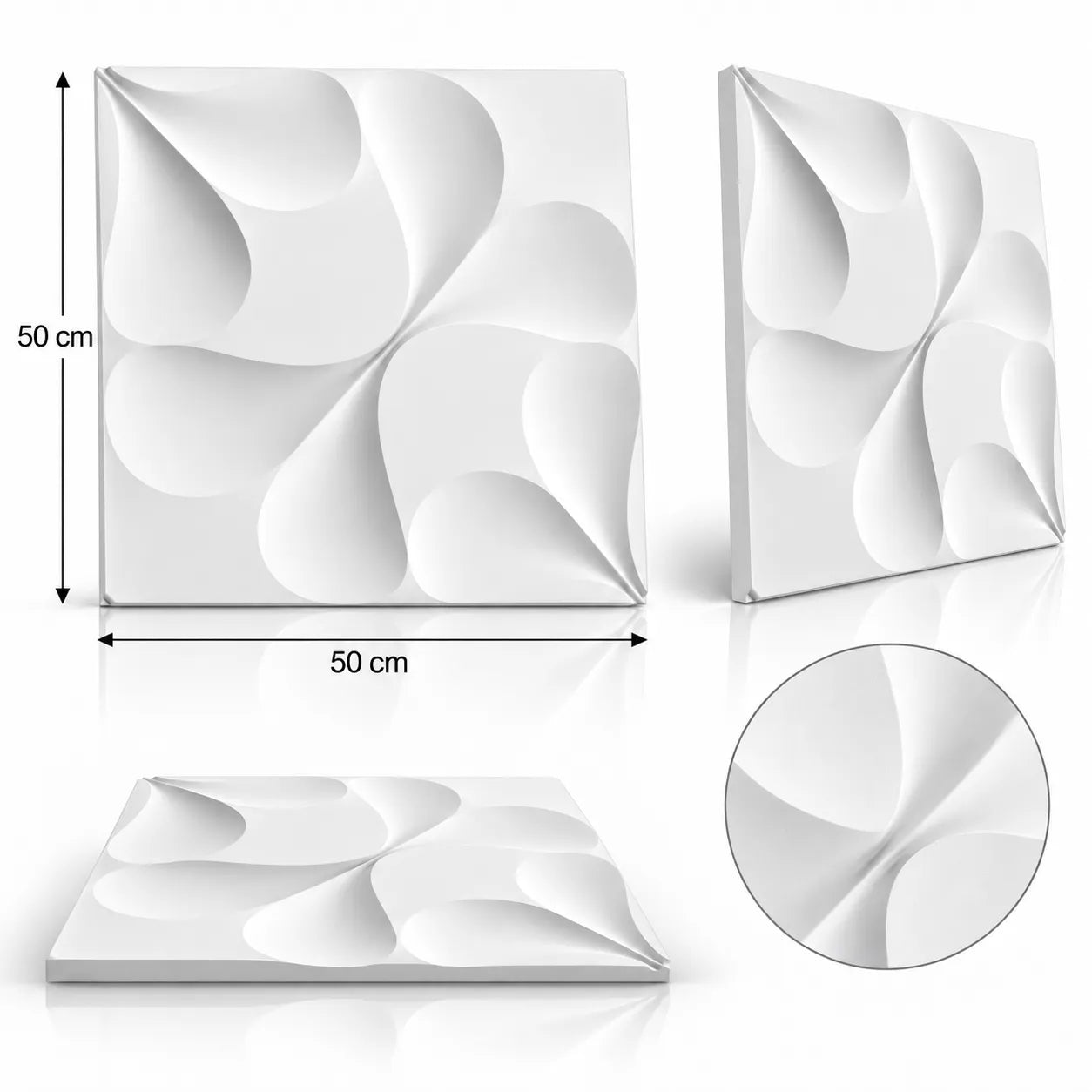 Spades 3D gypsum wall panel shown from several angles, with 50 cm by 50 cm dimensions and a close detail of the relief.