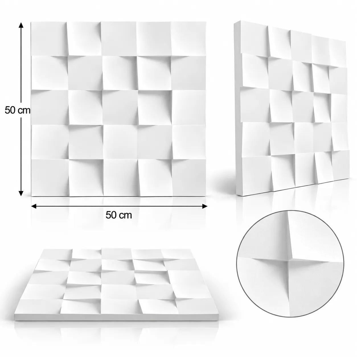 Square 3D gypsum wall panel shown from several angles, with 50 cm by 50 cm dimensions and a close detail of the relief