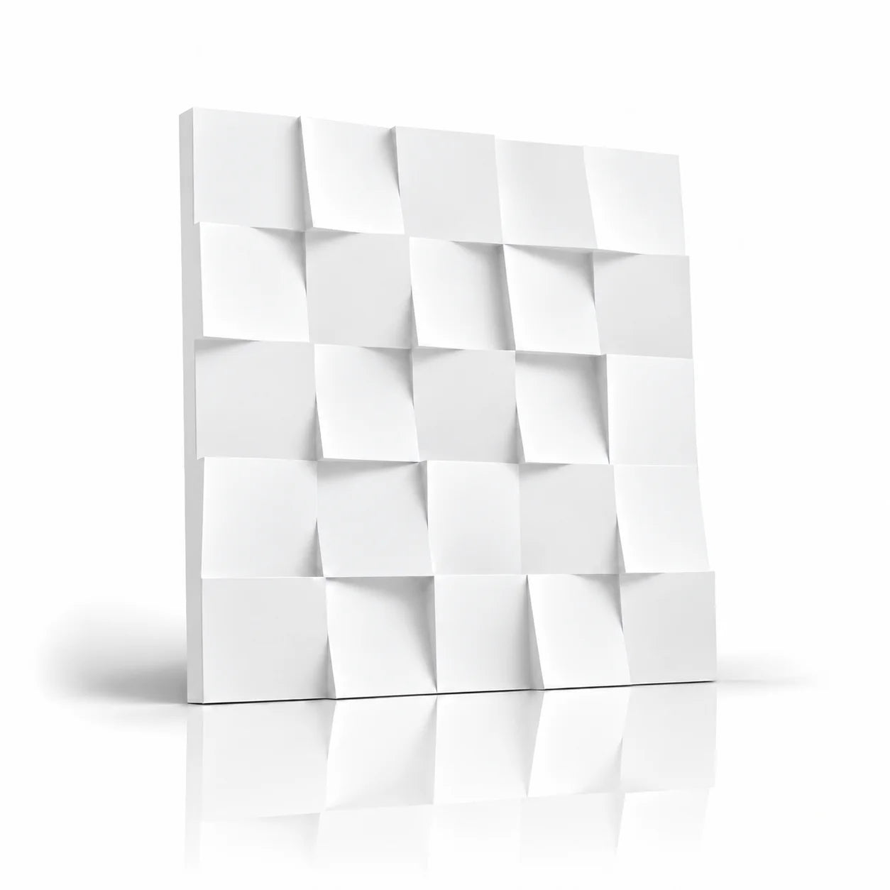 White Square 3D gypsum wall panel with geometric relief, soft shadow and mirror reflection on a white background