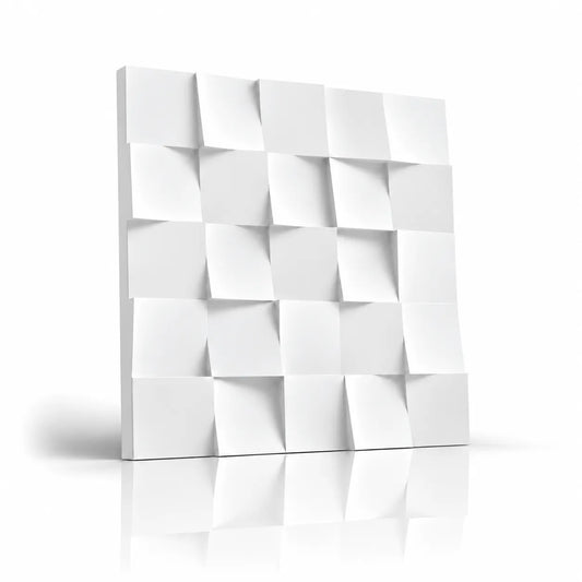 White Square 3D gypsum wall panel with geometric relief, soft shadow and mirror reflection on a white background