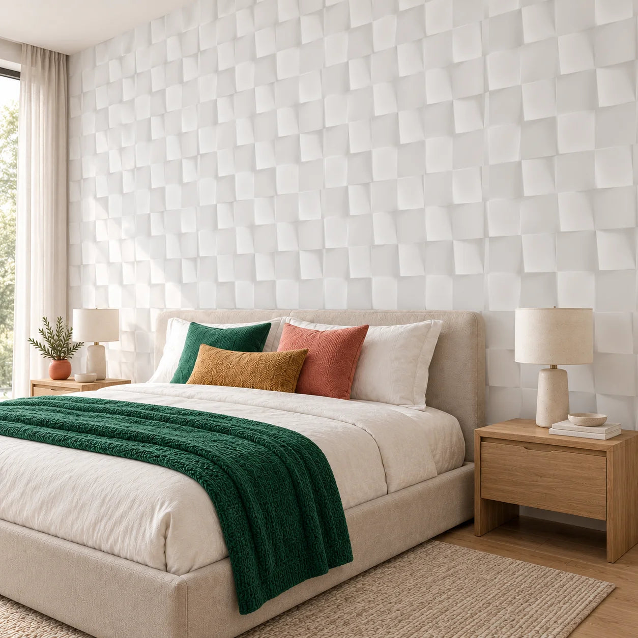 White Square 3D gypsum wall panels behind a beige bed with green bedding and colourful cushions, viewed at an angle