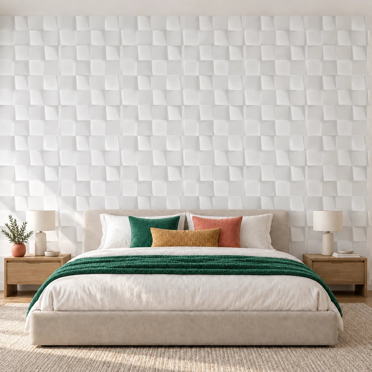 Front view of white Square 3D gypsum wall panels in a bedroom with oak bedside tables and colourful accents