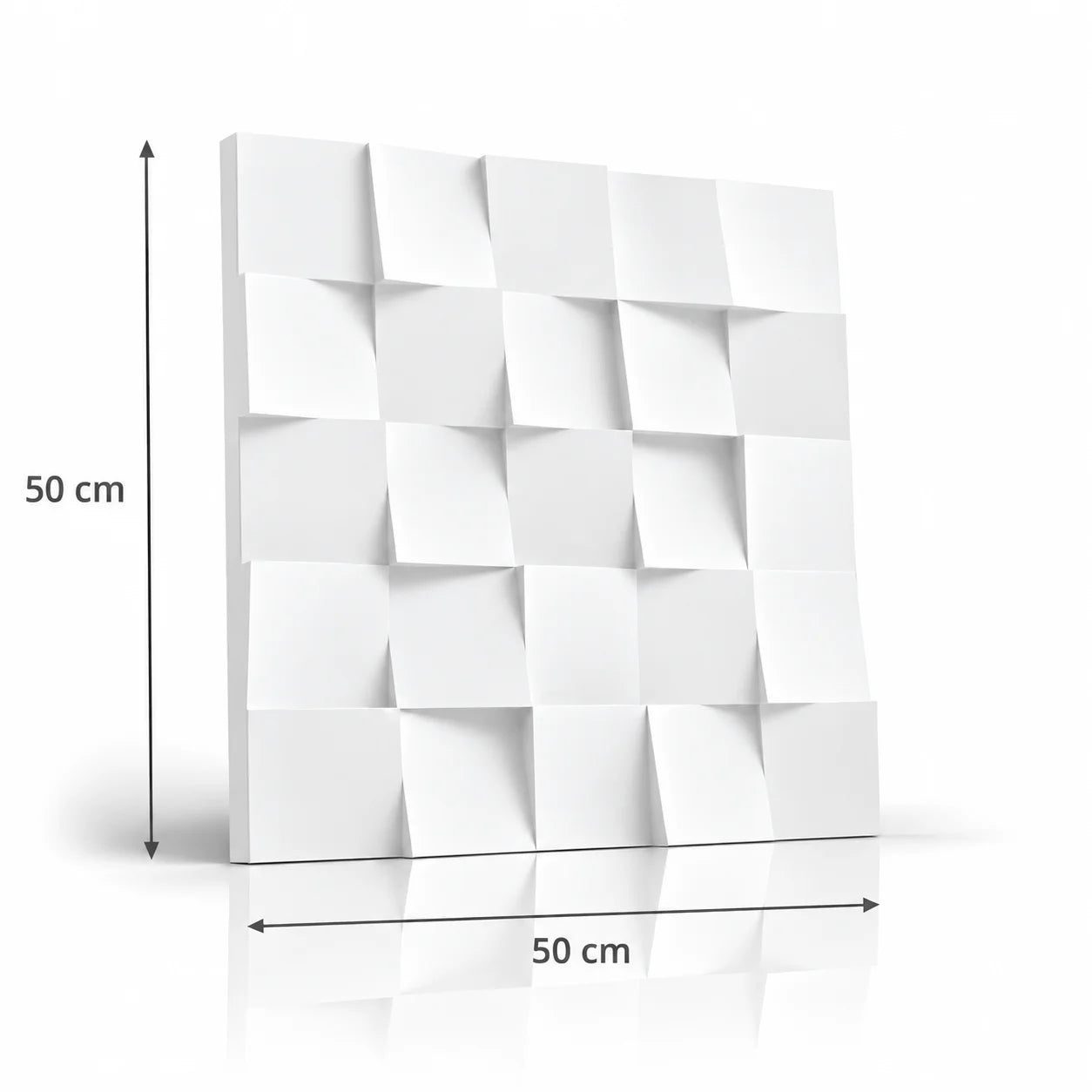White Square 3D gypsum wall panel with arrows showing 50 cm height and 50 cm width