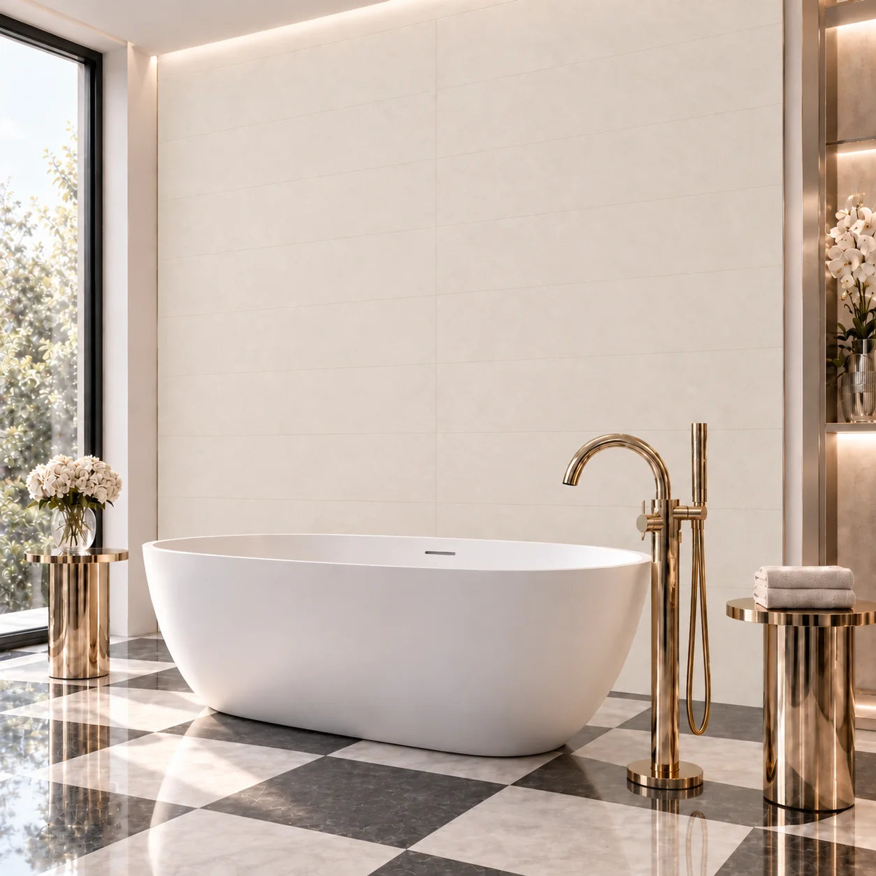 Angled view of Desert Stone decorative wall panels installed behind a freestanding bathtub