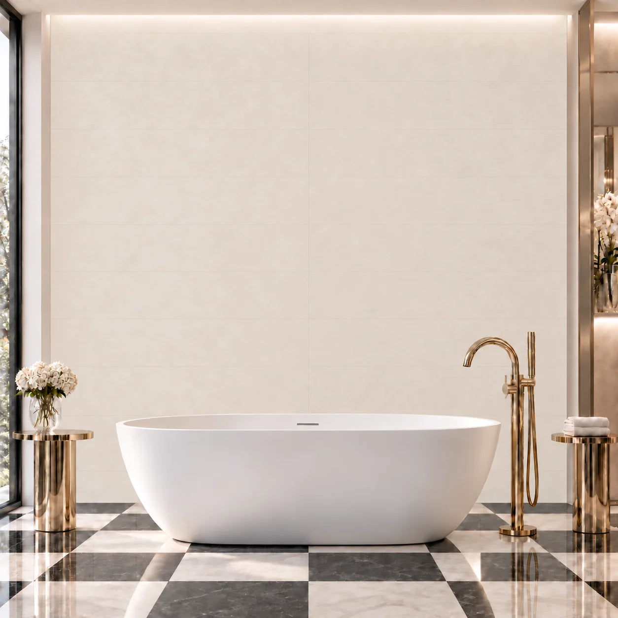 Desert Stone wall panels in a modern bathroom with freestanding bathtub