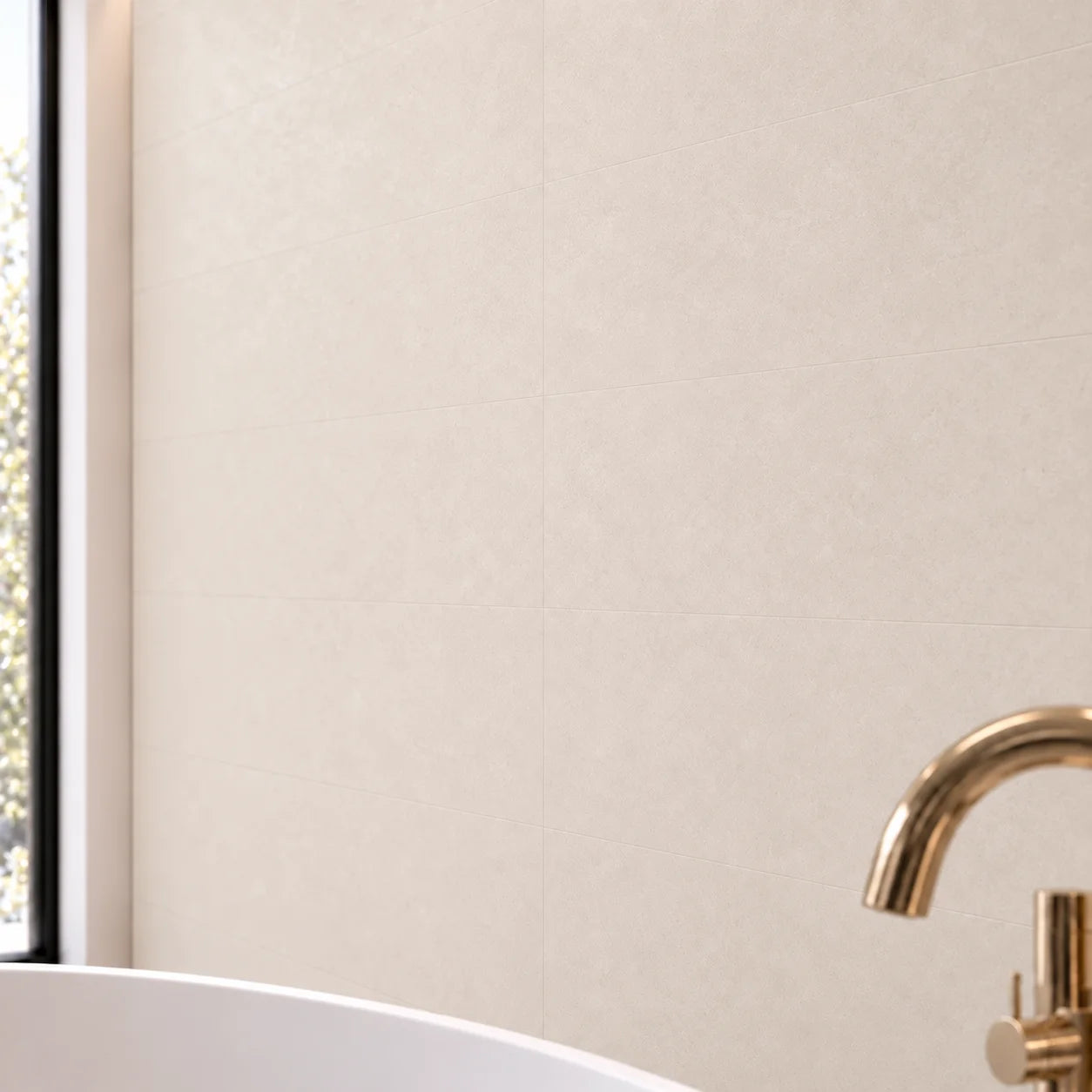 Close-up of Desert Stone wall panels showing the warm beige stone texture and subtle panel joints