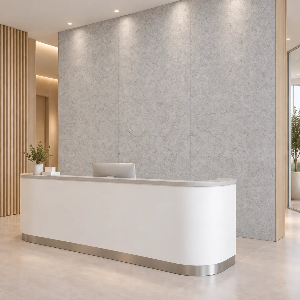 Angled view of Grey Stone decorative wall panels installed behind a modern reception desk