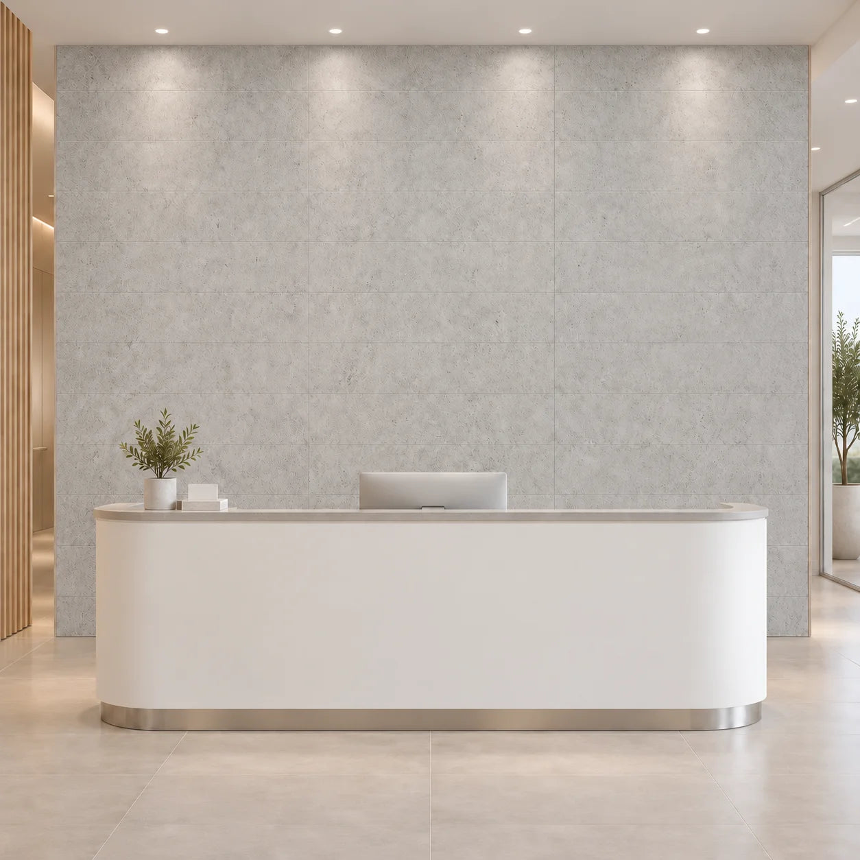 Grey Stone mineral composite wall panels in a modern reception area