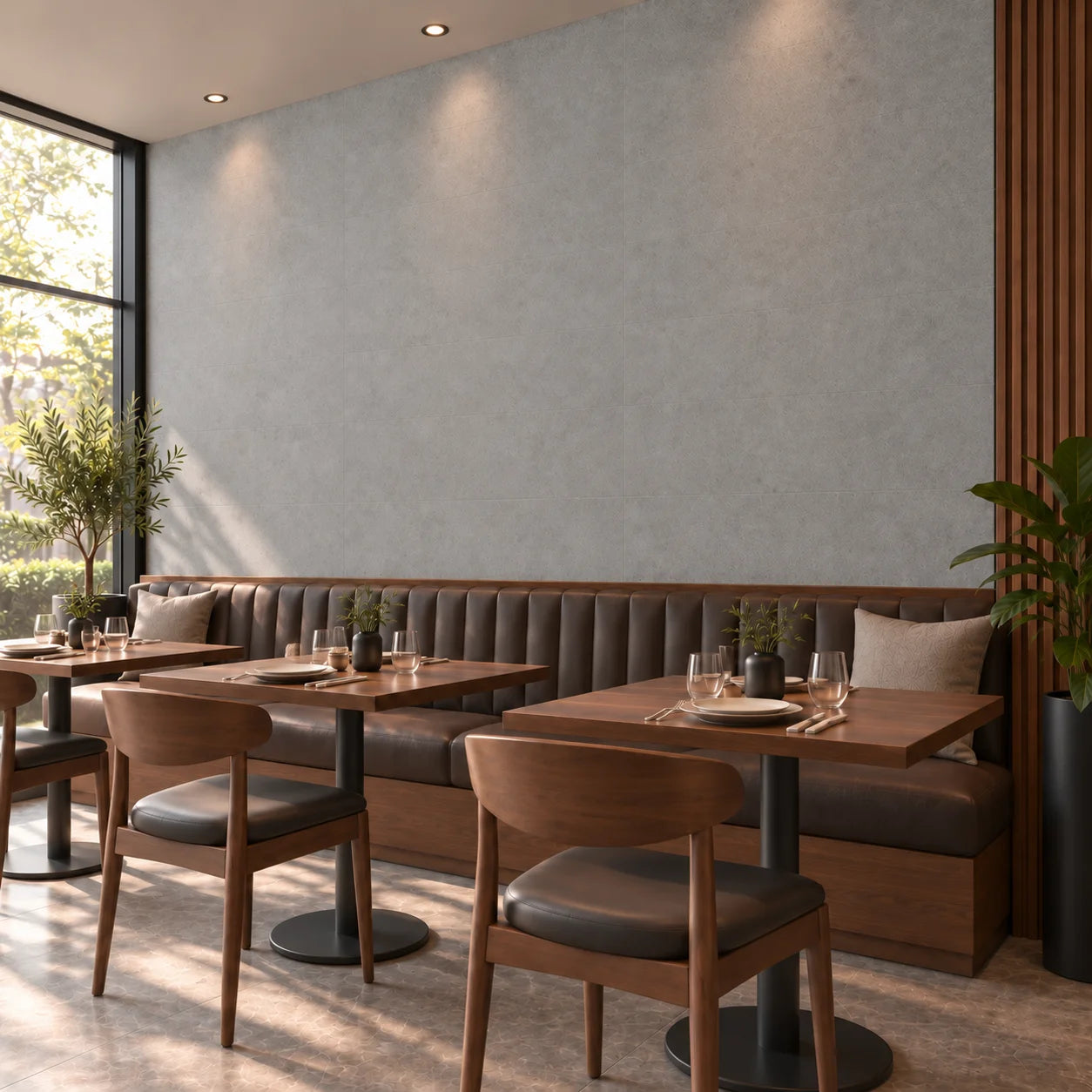 Angled view of Loft Concrete grey wall panels in a restaurant with brown leather seating and wooden tables.