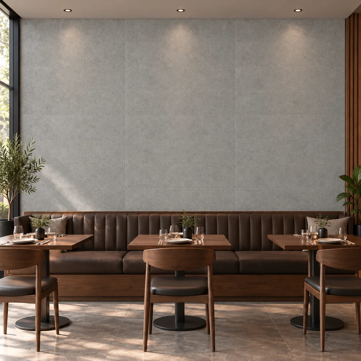 Front view of Loft Concrete wall panels above a brown leather banquette and three wooden restaurant tables.