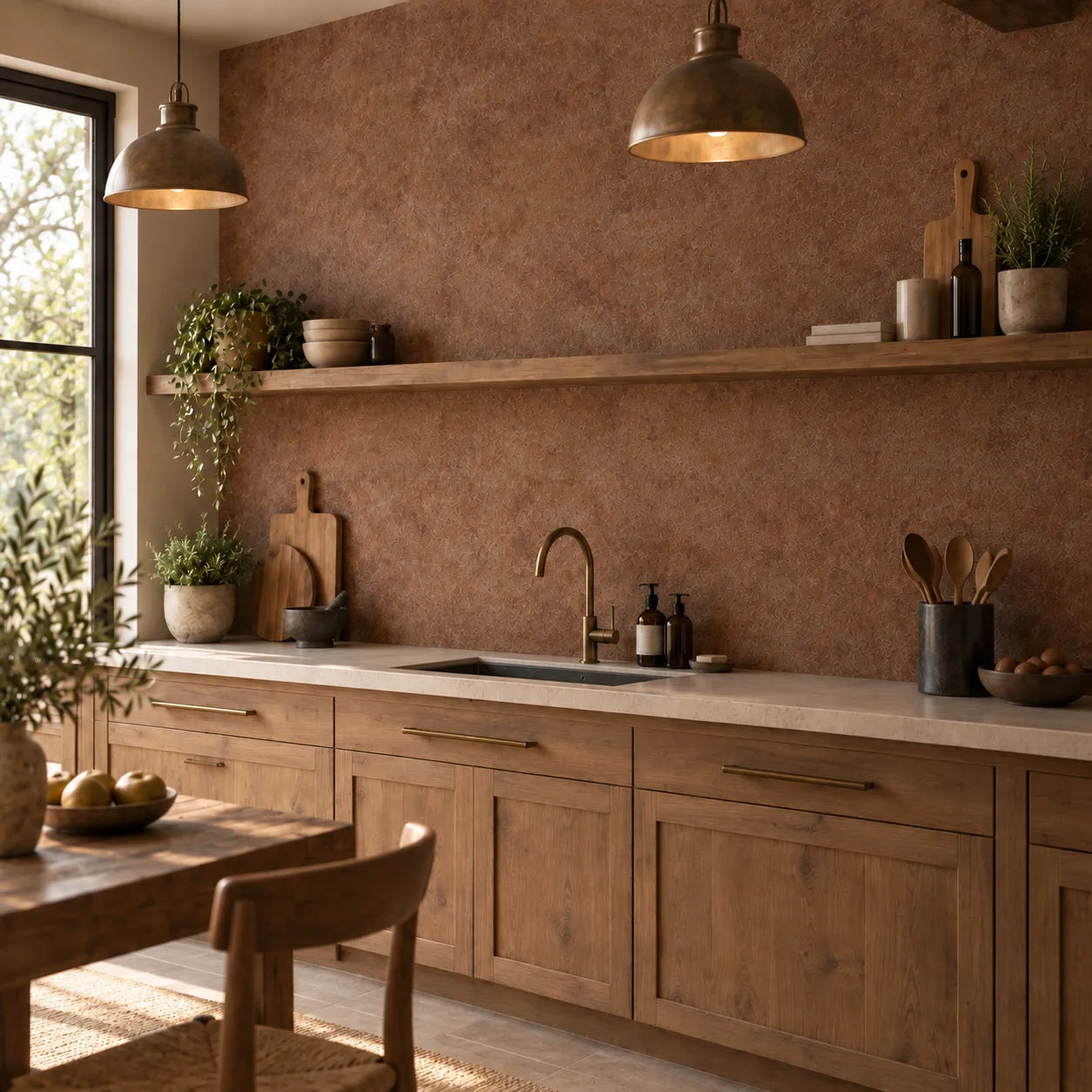Angled rustic kitchen view featuring Loft Rusty textured wall panels and warm wooden cabinetry
