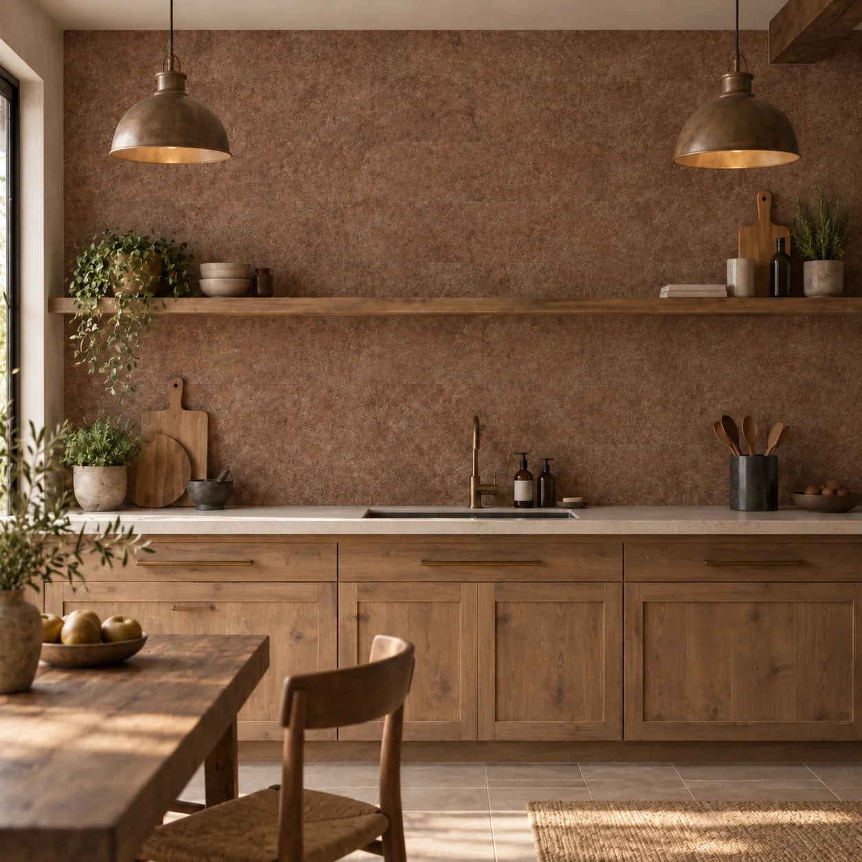 Front view of a rustic kitchen with Loft Rusty wall panels, wooden cabinets and brass pendant lights
