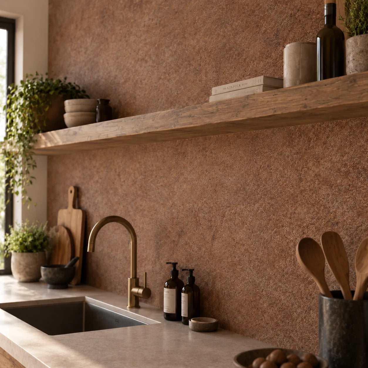 Close-up of Loft Rusty wall panels in a rustic kitchen showing the detailed textured finish
