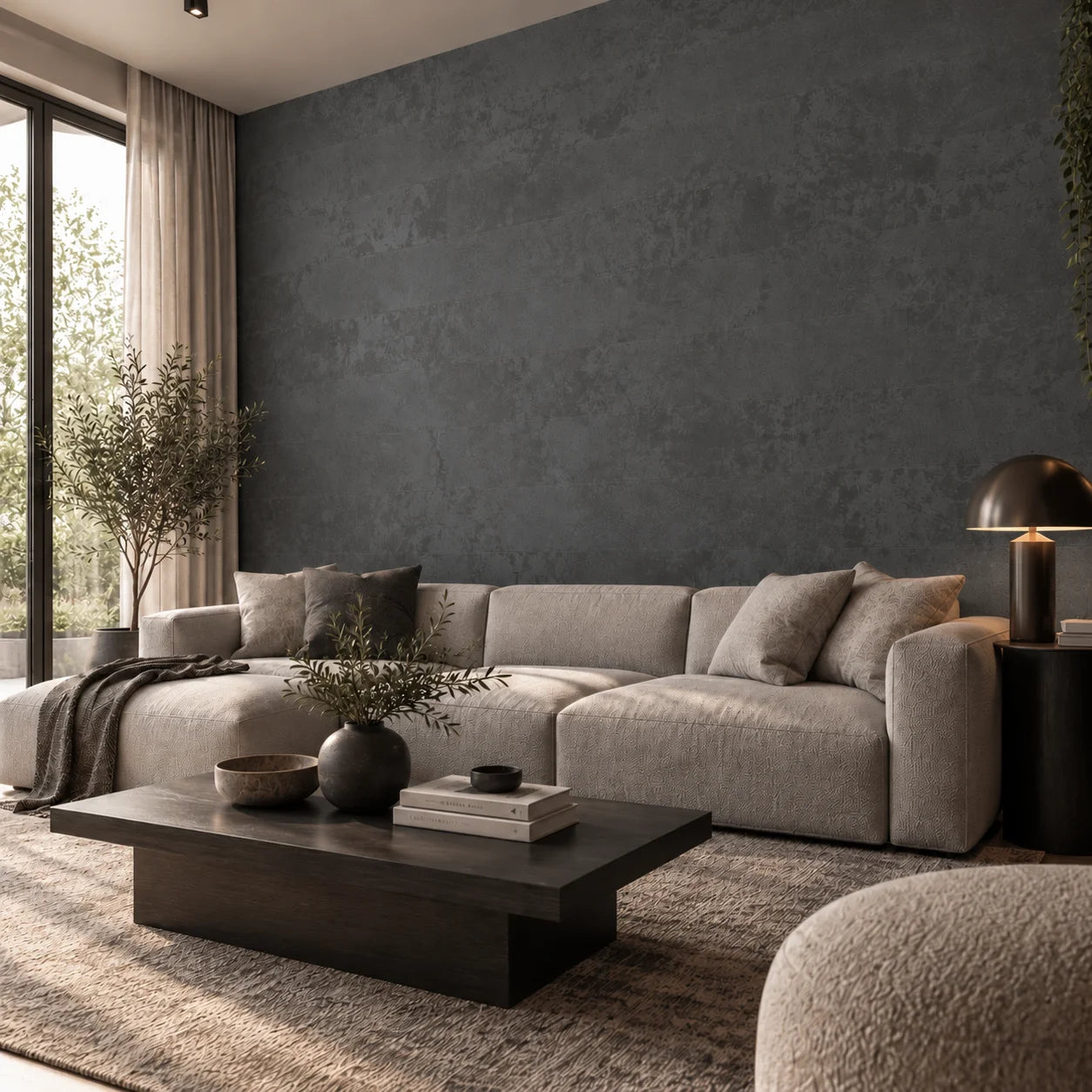 Angled living room view featuring Stone Anthracite wall panels behind a beige sectional sofa
