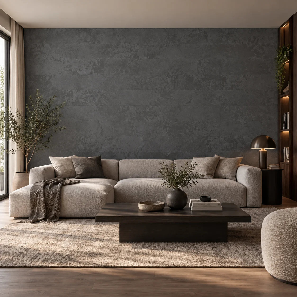 Front view of a modern living room with Stone Anthracite wall panels and a beige sectional sofa
