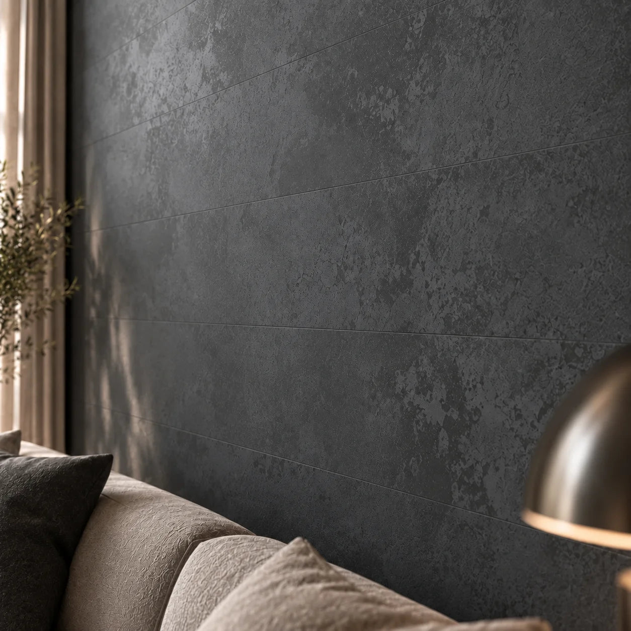 Close-up of Stone Anthracite wall panels showing the dark textured finish and subtle joints
