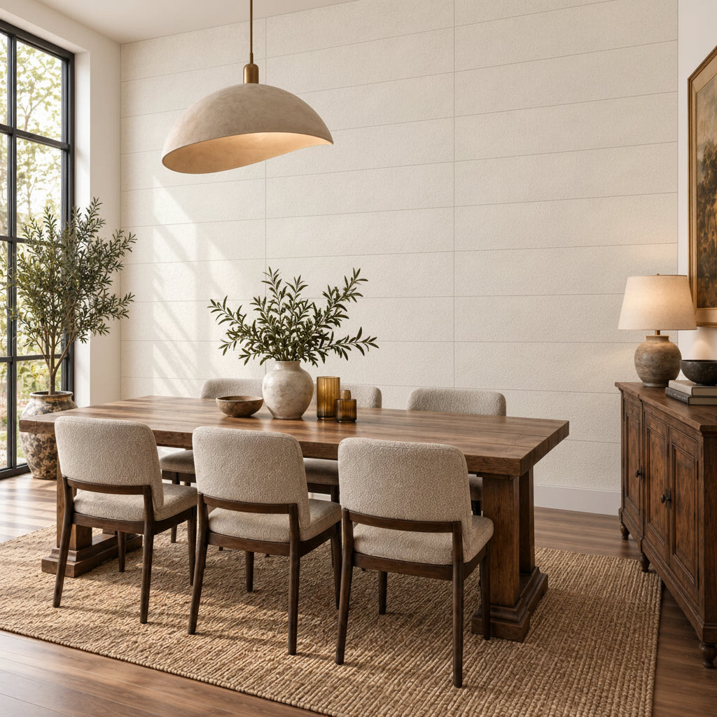 Angled dining room view featuring Stone Ivory textured wall panels