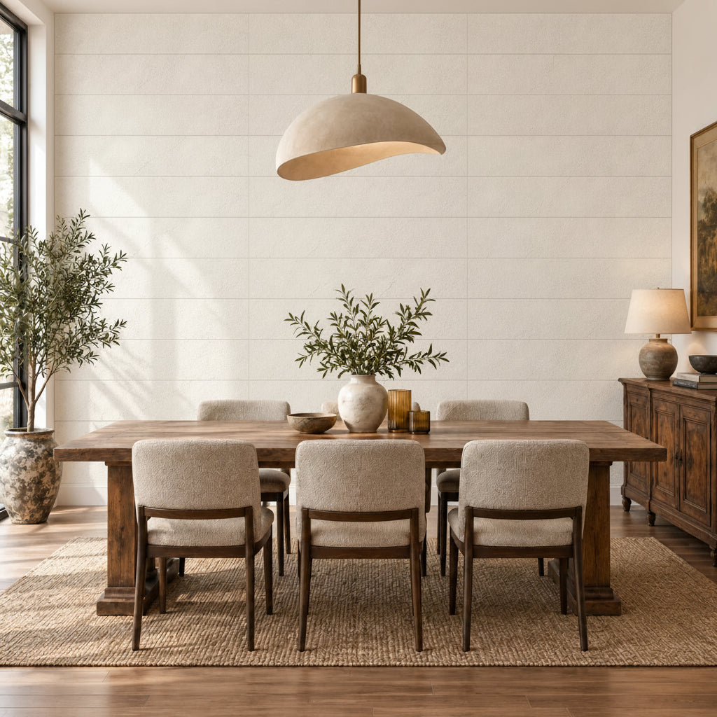 Stone Ivory wall panels in an elegant dining room with wooden furniture