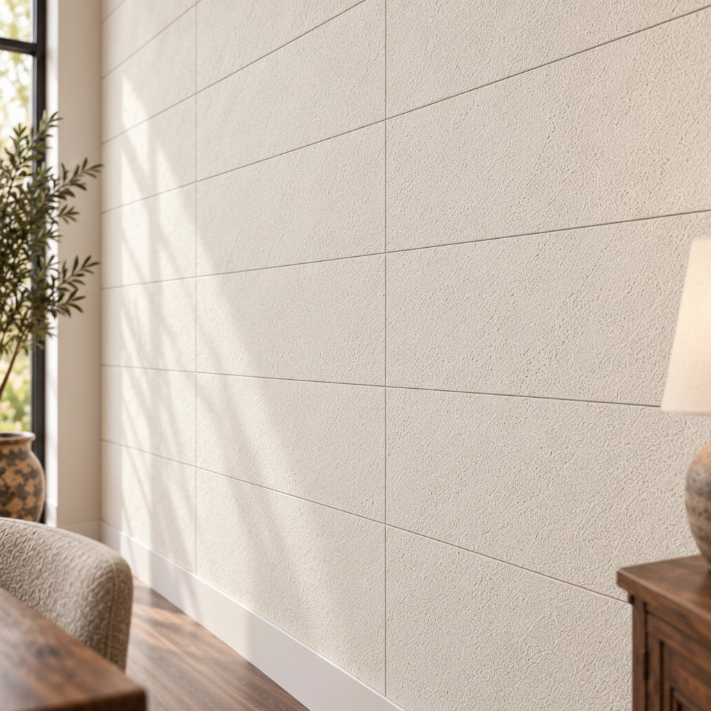 Close-up of Stone Ivory wall panels showing the textured stone finish