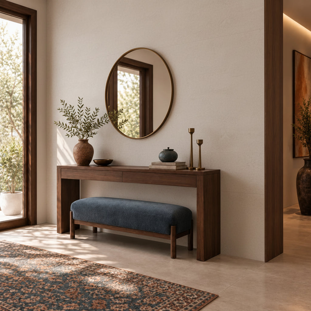 Angled hallway view featuring Stone Misty wall panels and dark wood accents