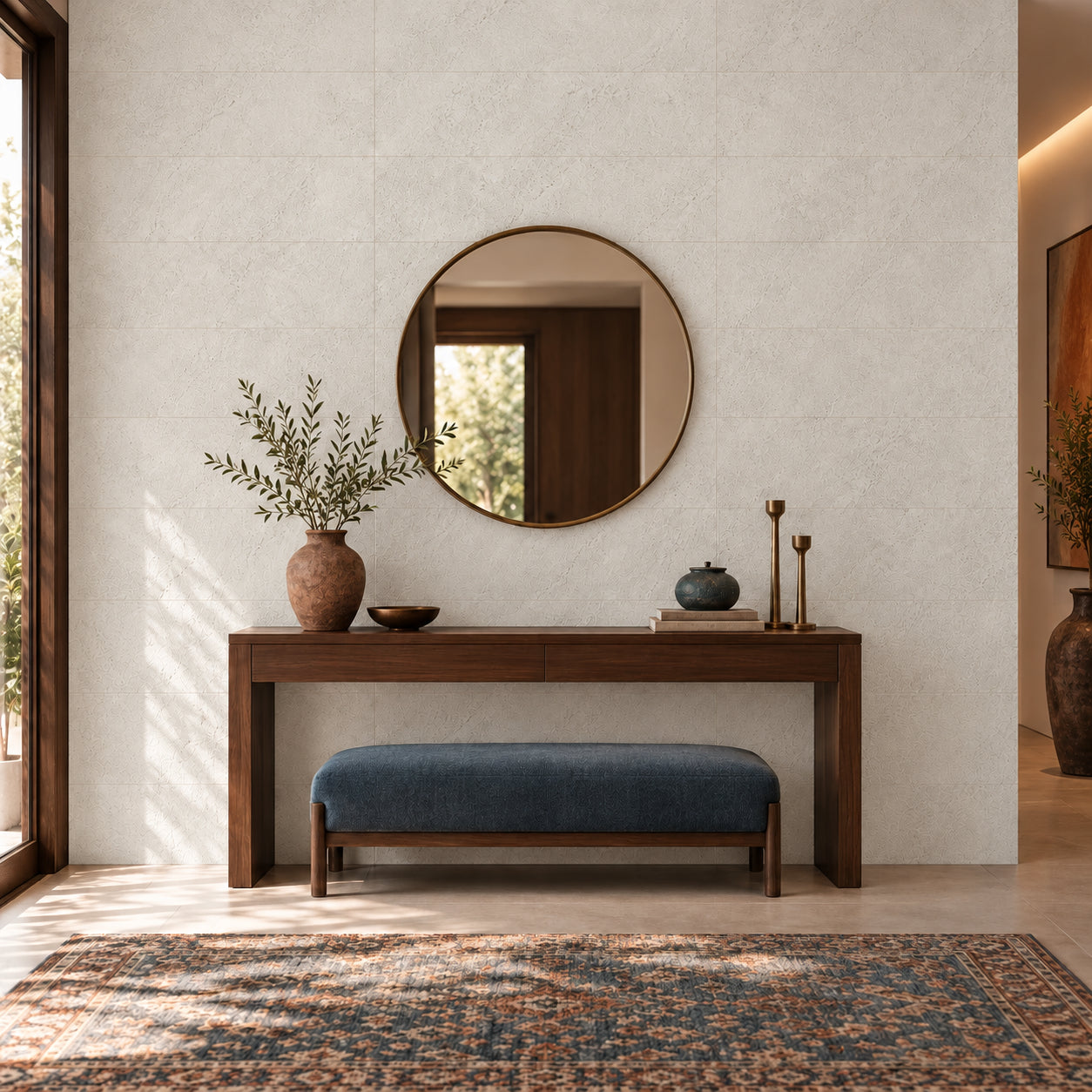 Stone Ivory wall panels in an elegant dining room with wooden furniture