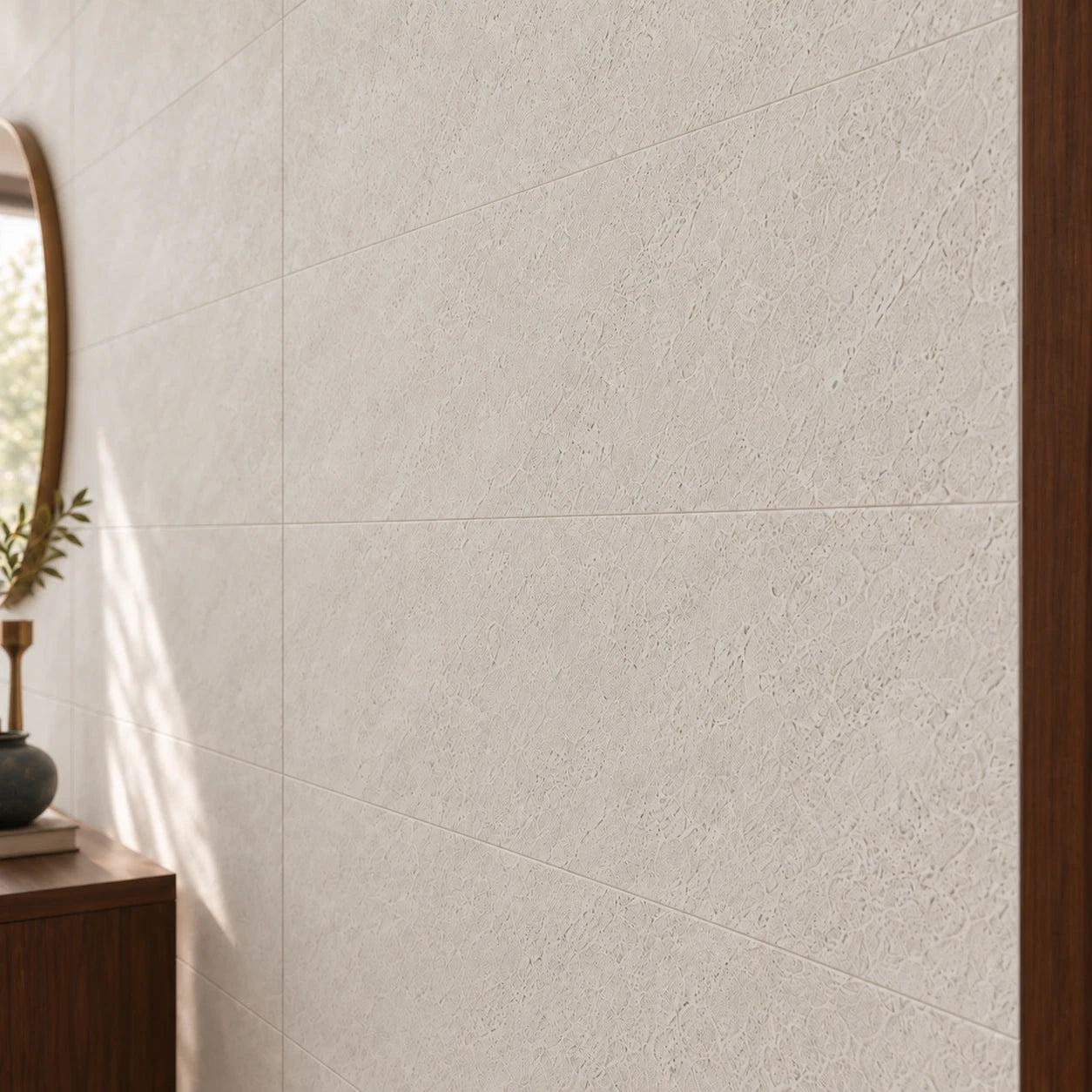 Close-up of Stone Misty textured wall panels with subtle joints