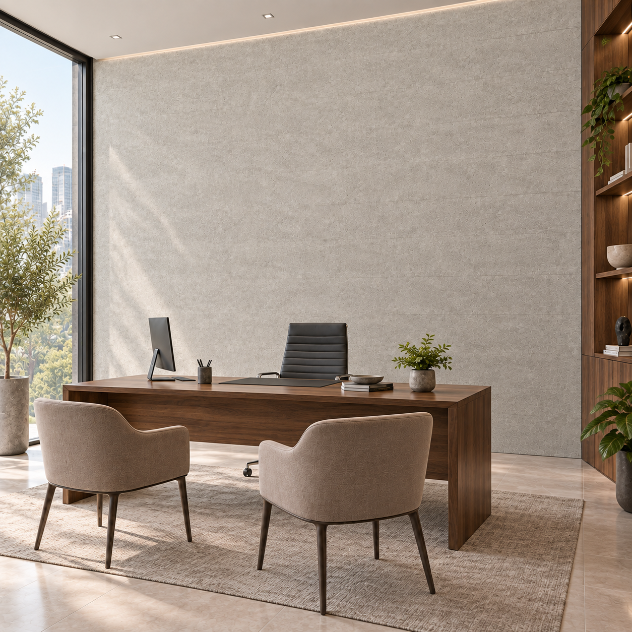 Angled view of Stone Moon wall panels behind a walnut desk in a modern office