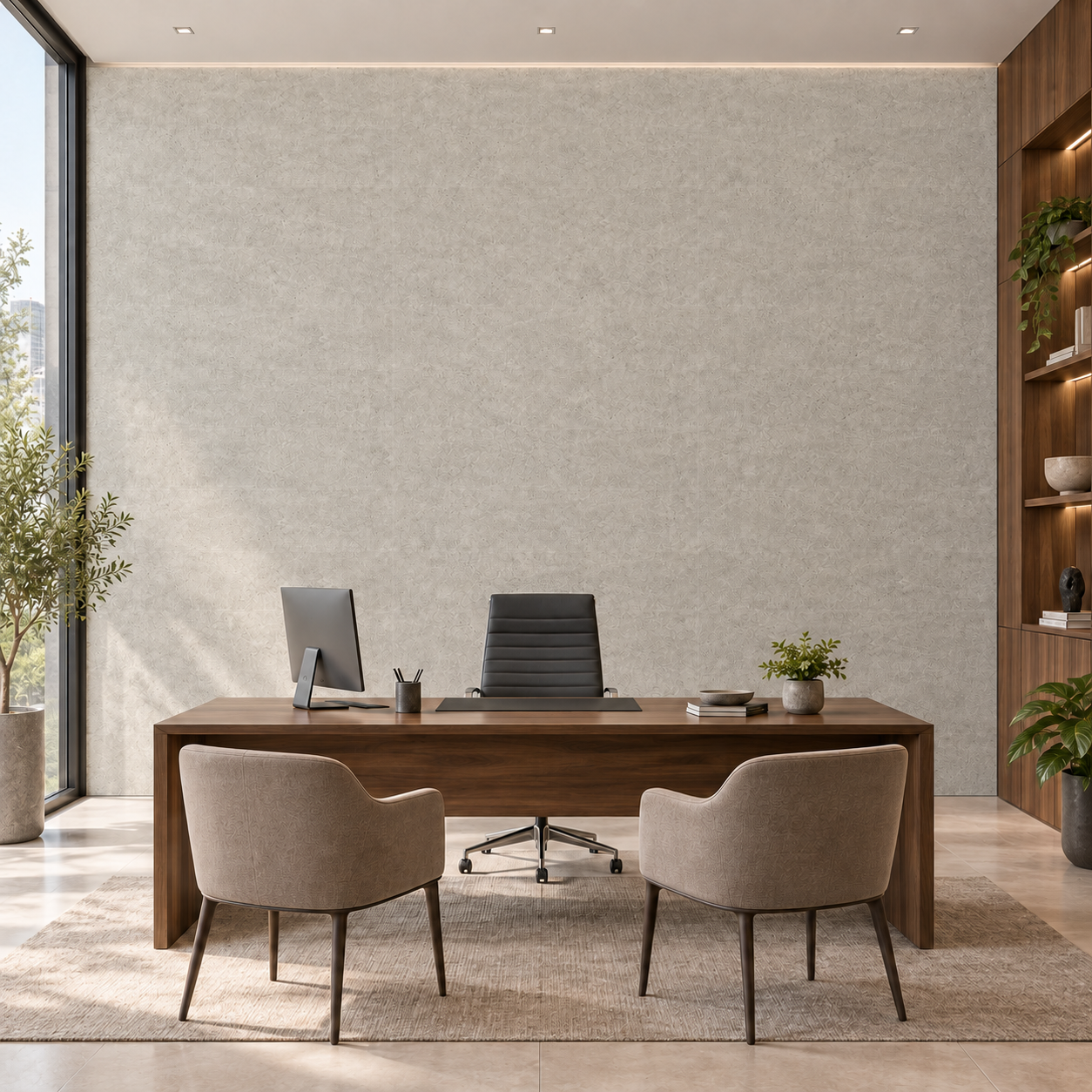 Front view of Stone Moon wall panels in a modern office with a walnut desk and two upholstered chairs