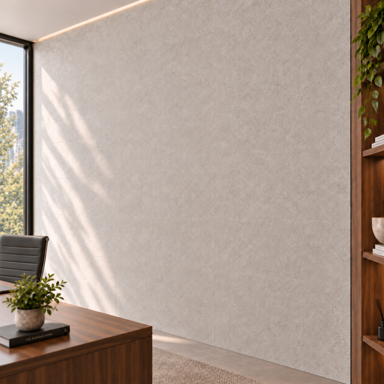 Close-up of Stone Moon wall panels showing a textured surface and subtle joints beside walnut office furniture