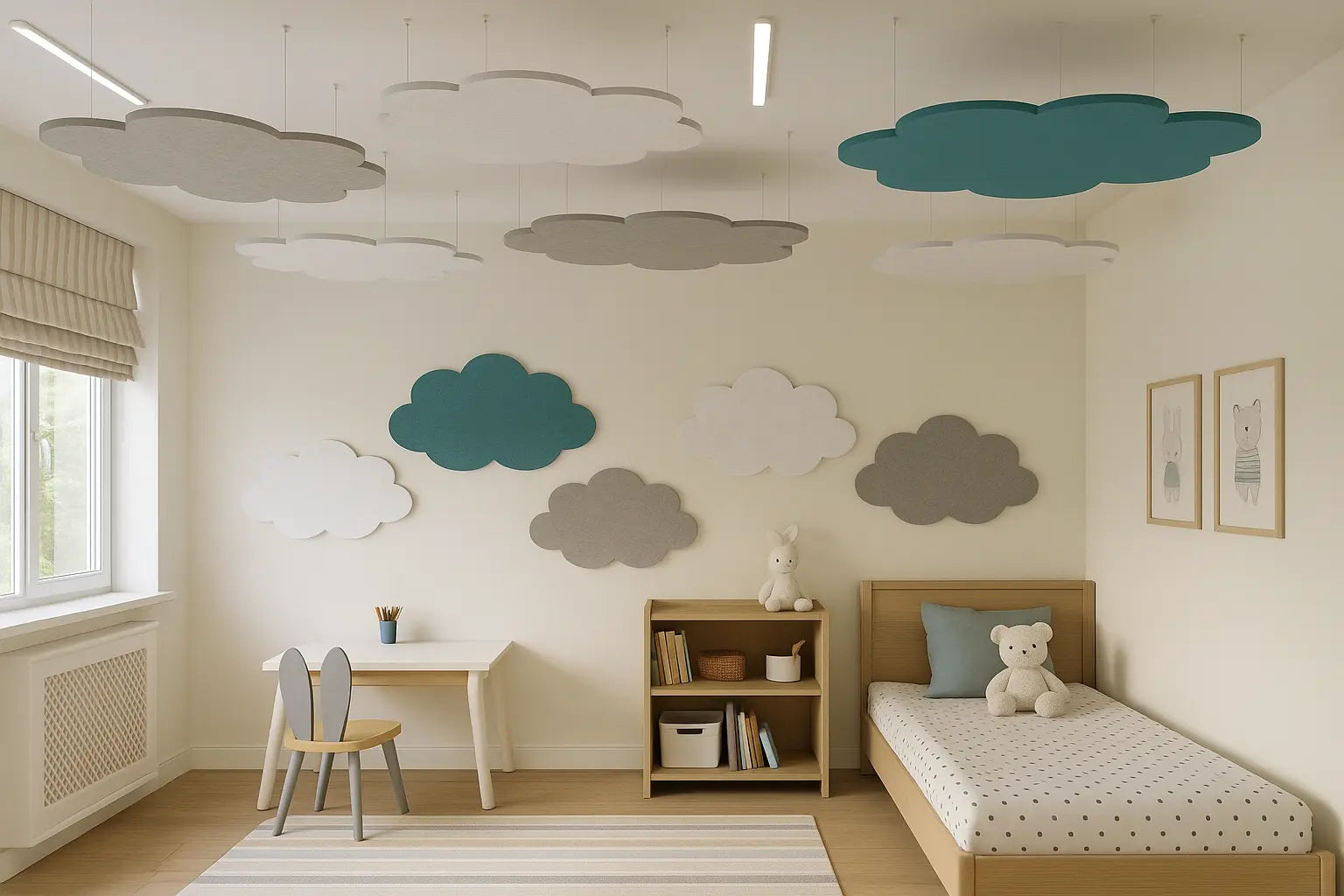 Suspended Ceiling Panels - Acoustic Felt CLOUD L in cozy bedroom interior Decormania UK