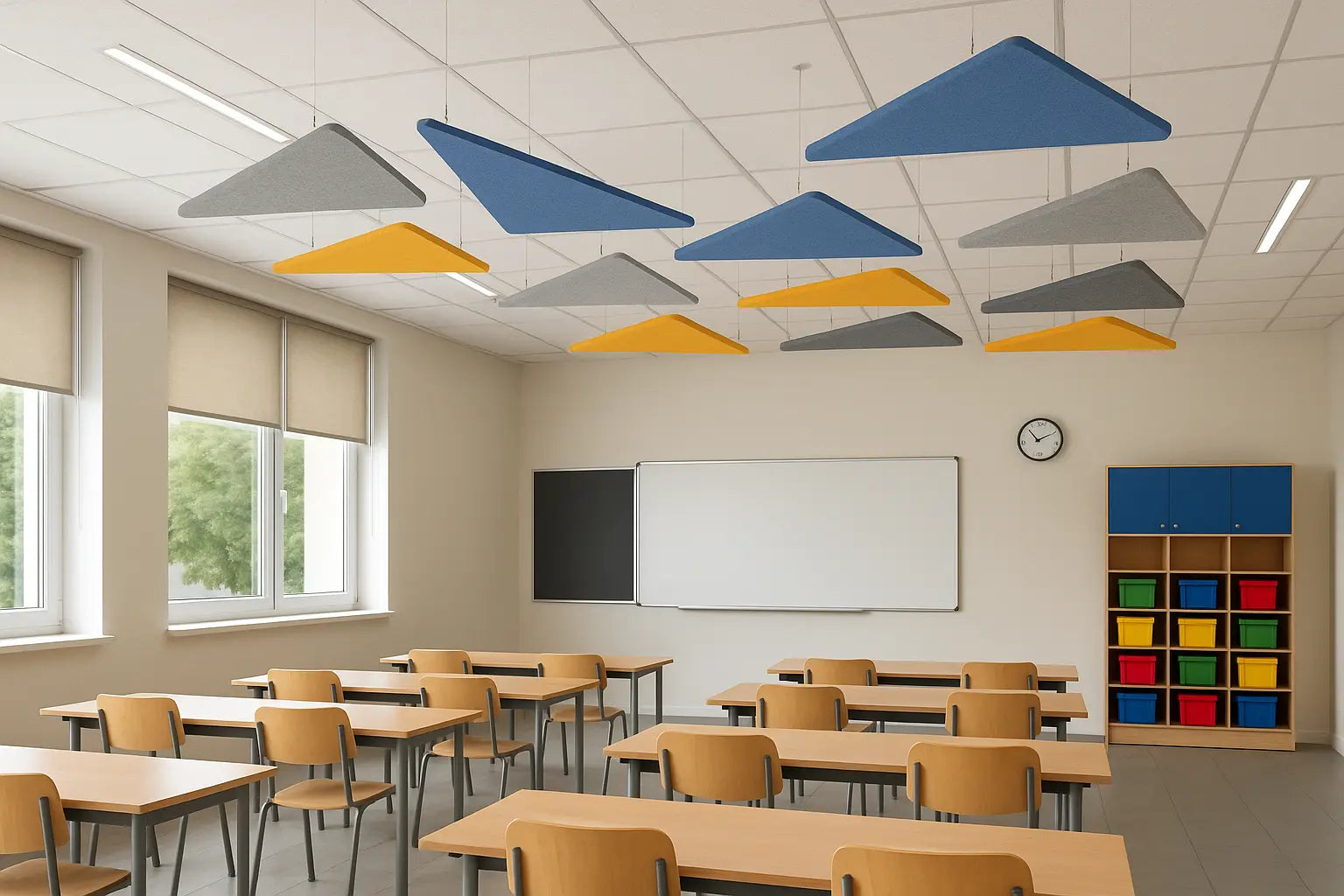 Suspended Ceiling Panels - Acoustic Felt TRIANGLE in classroom interior Decormania UK