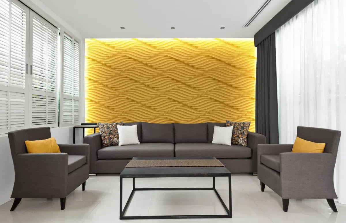 THE WIND 3D Wall Art - Polystyrene Wall Panels painted yellow in a living room interior | DecorMania UK 