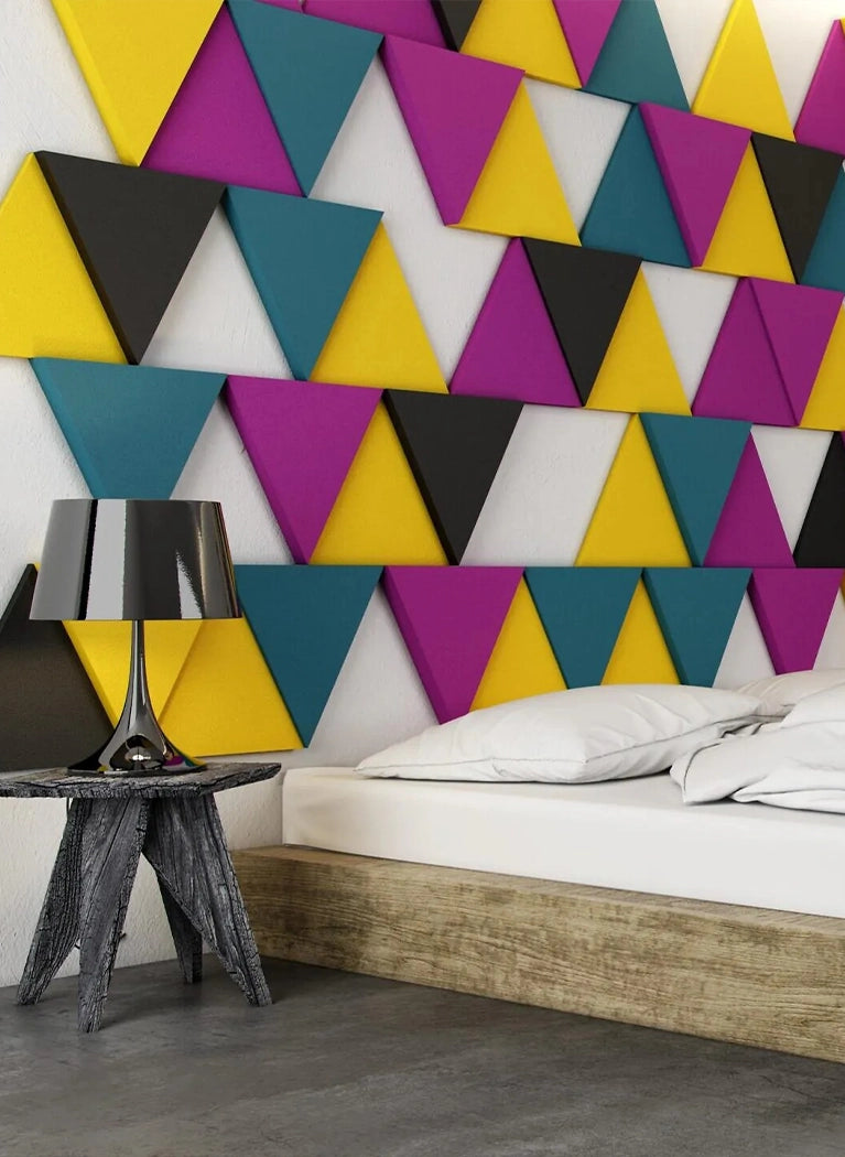 Fluffo Soft Acoustic Wall Panels triangles colorful composition in bedroom interior Decormania UK 