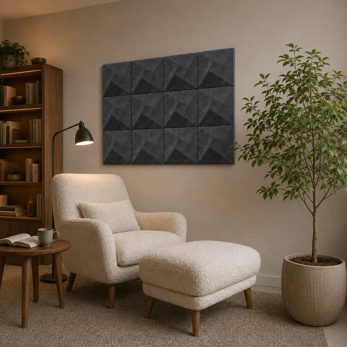 Angled view of grey TWIST acoustic panels in a cosy reading corner with natural wood and neutral furnishings