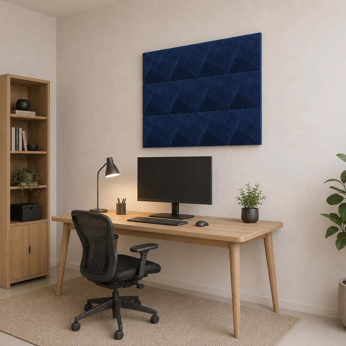 Angled view of navy square Twist acoustic panels in a bright home office with wooden furniture and plants