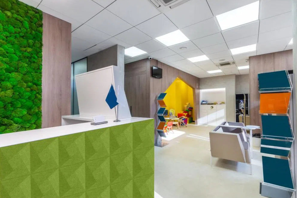 TWIST Acoustic 3D Felt Wall Panels in reception interior NAVY Multipack Decormania UK