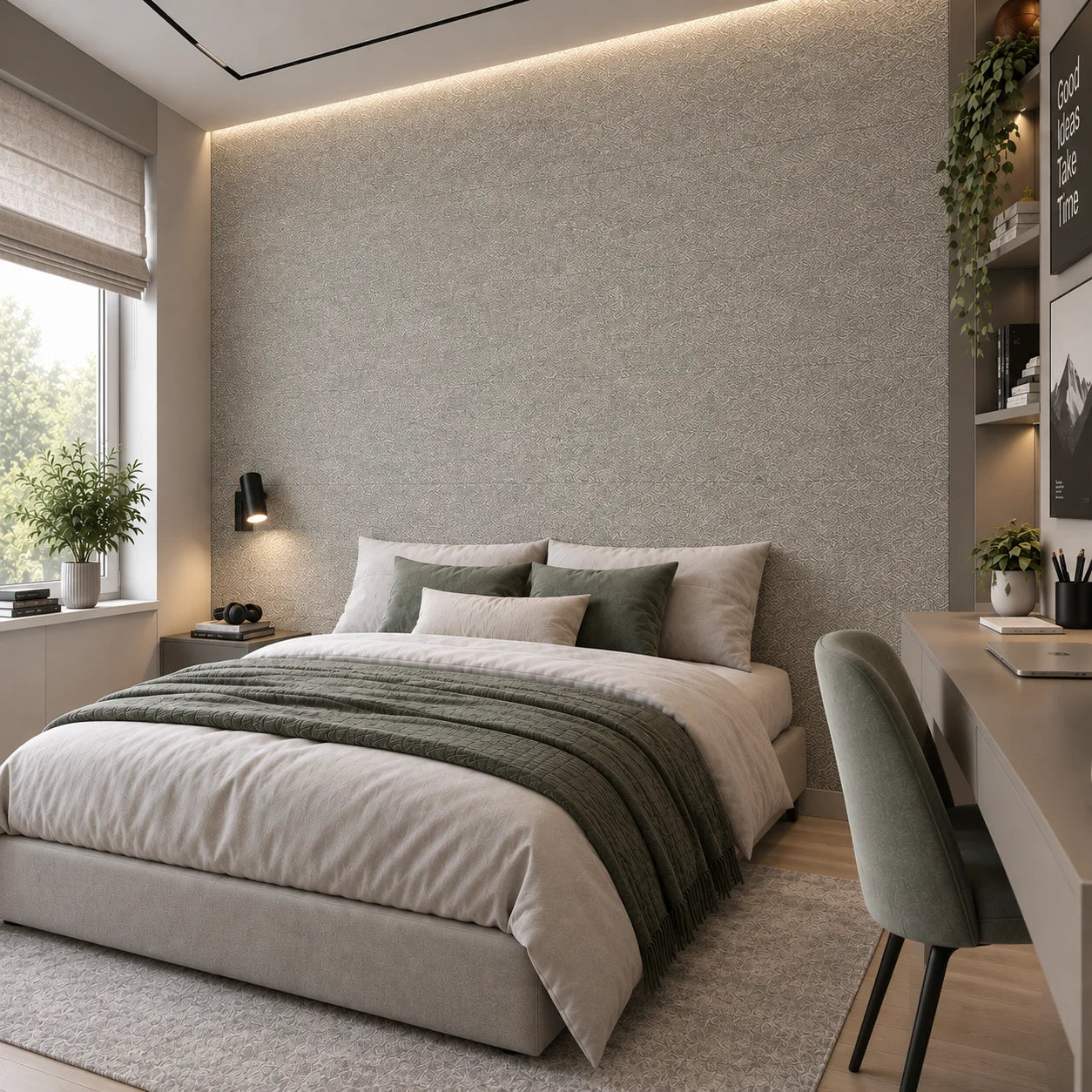 Tweed wall panels in a modern bedroom with elegant grey textile inspired finish