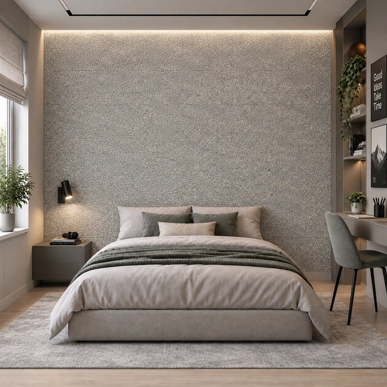 Tweed decorative wall panels in a contemporary bedroom interior