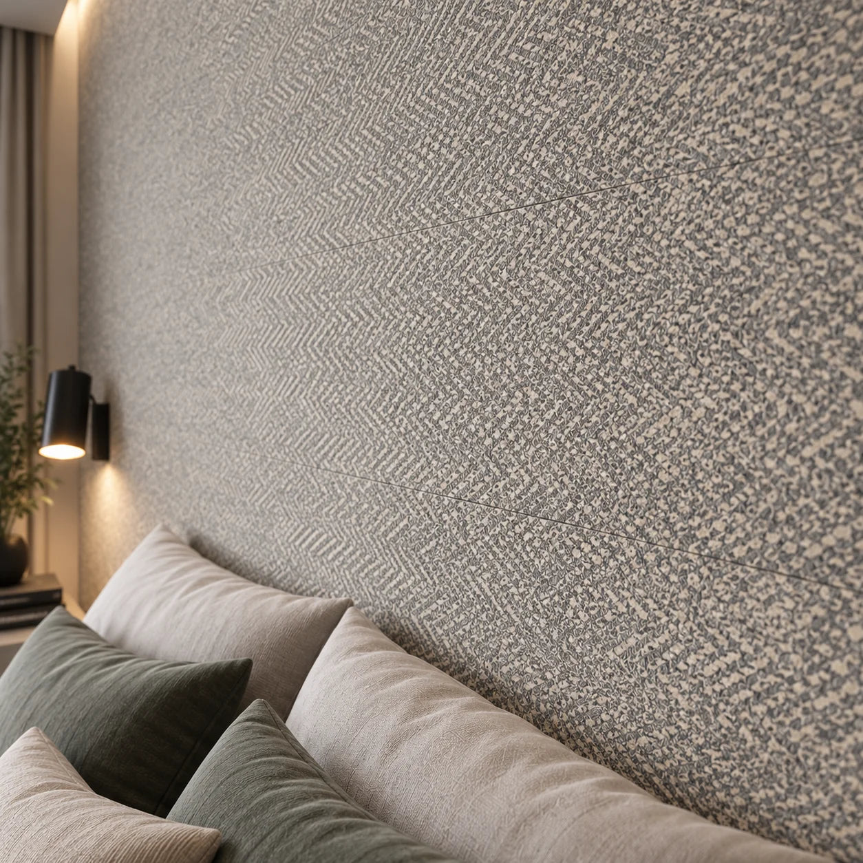 Tweed wall panels with detailed woven texture in a modern bedroom close up