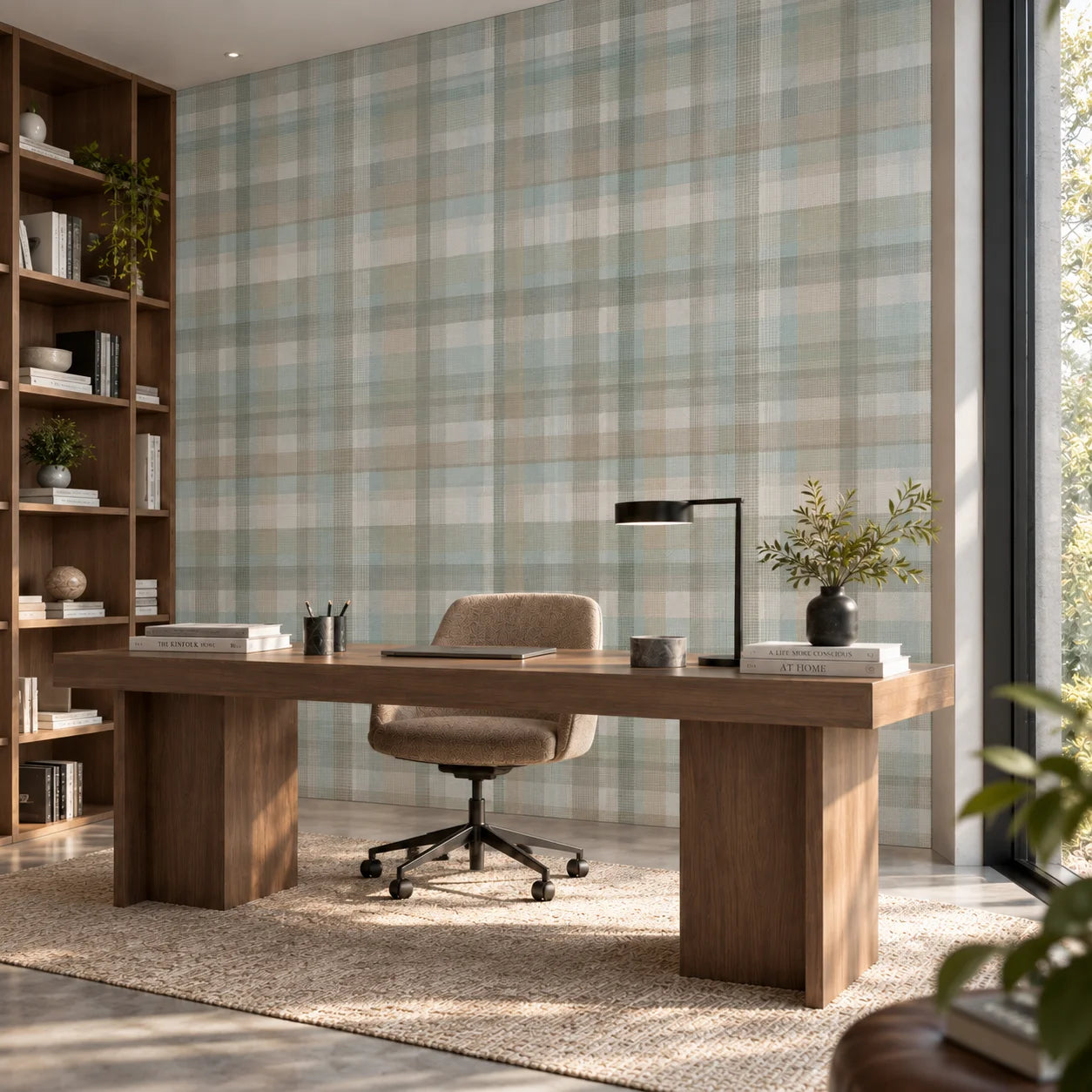 Blue Tartan wall panels in a modern home office with soft blue and neutral tartan pattern