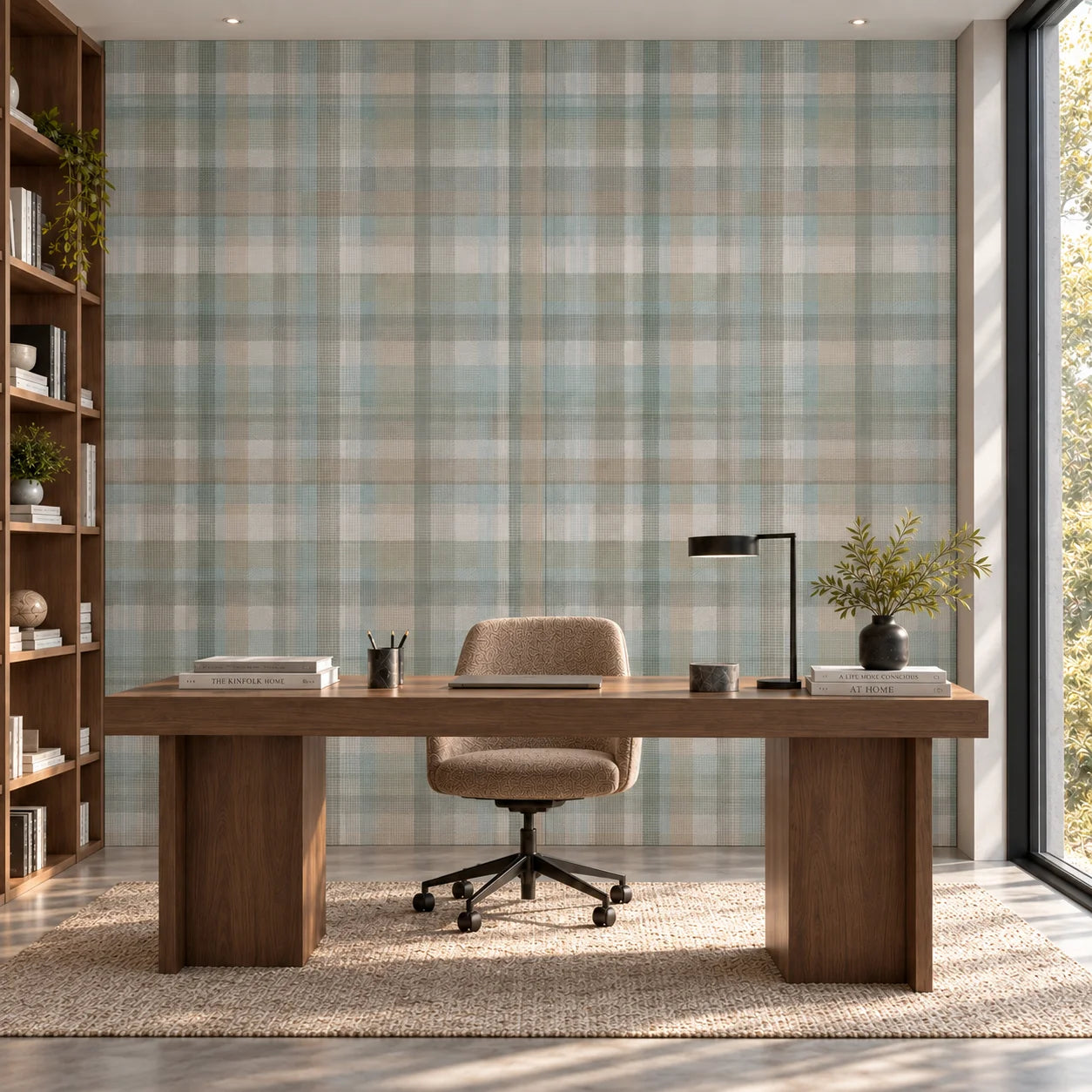 Blue Tartan decorative wall panels in a contemporary home office interior