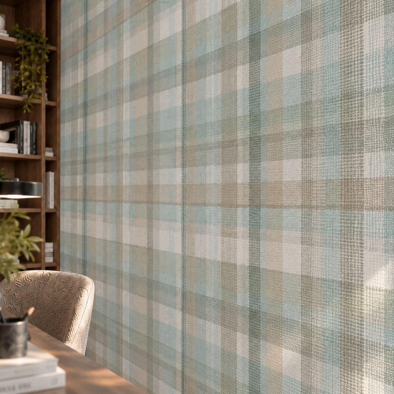 Blue Tartan wall panels with textile inspired check pattern in a modern home office close up