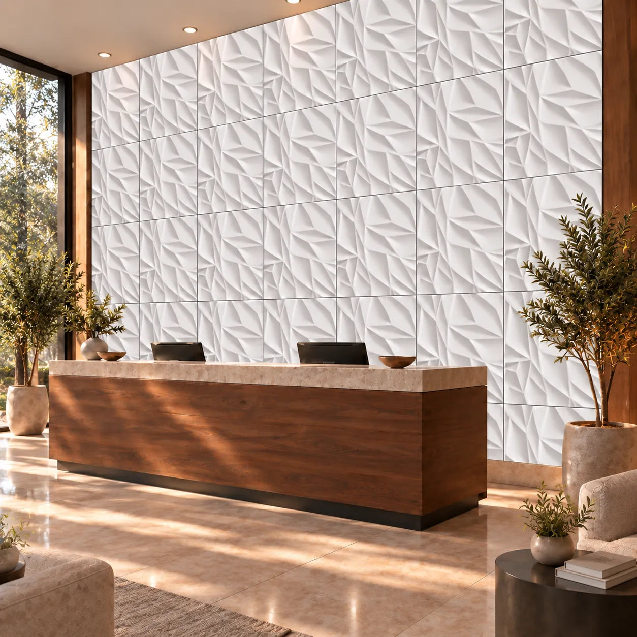Thornwood decorative 3D gypsum wall panels in a modern reception interior with geometric textured design