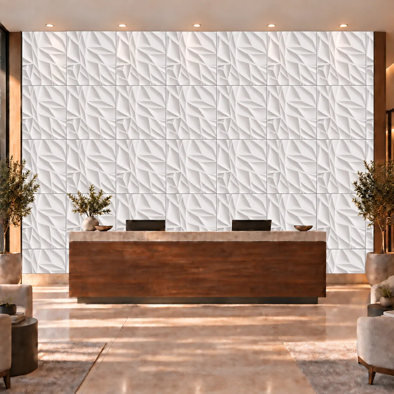 Thornwood 3D gypsum wall panels installed behind a reception desk in a bright contemporary interior