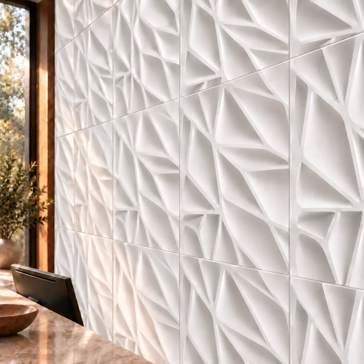 Close up of Thornwood decorative gypsum wall panels showing geometric 3D texture and relief